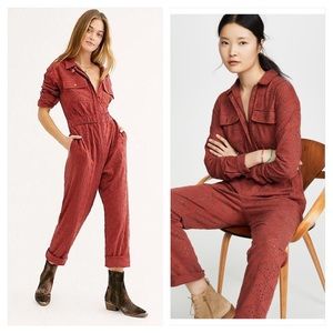 FREE PEOPLE SET THE TONE JUMPSUIT IN RUST COMBO